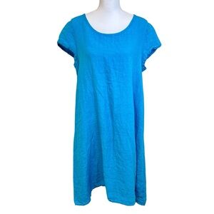 BRYN WALKER Blue Linen Midi Dress Sz Small‎ Lagenlook Short Sleeve USA Loose Fit